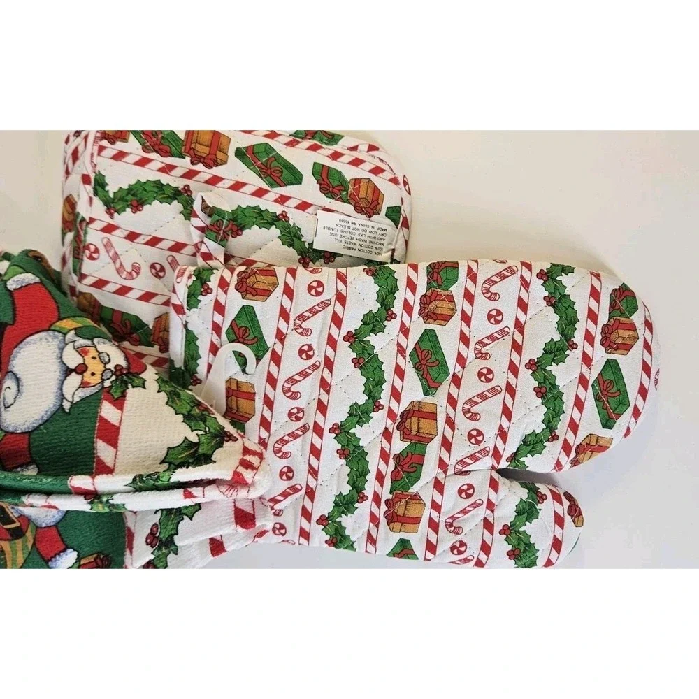 New‎ NWT Christmas Santa Themed Kitchen Oven Mitt Towel Pot Holders 5 Pc Cotton